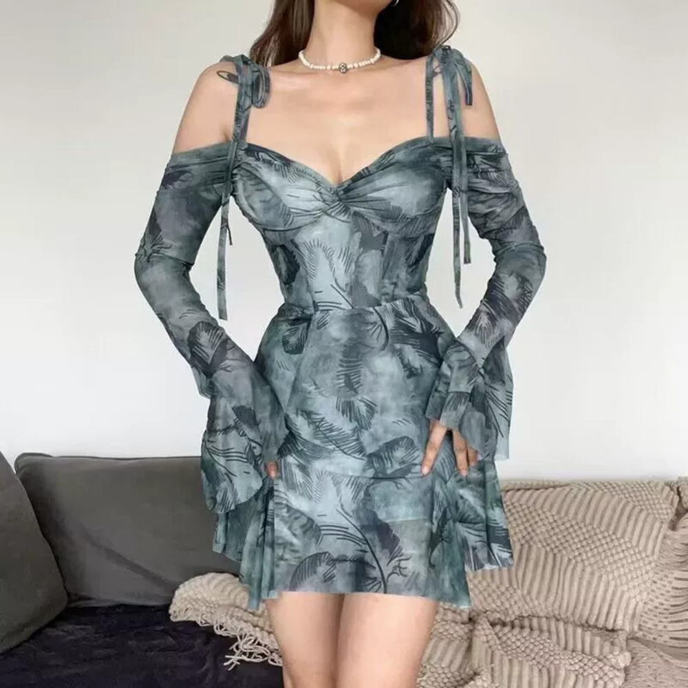 ZARA Summer Sexy Off Shoulder Flared Sleeve Printed Waist Slimming Slip Dress